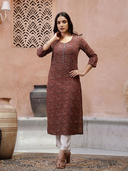 Red Cotton Printed Kurta for Women - SanskrutiHomes 