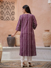Purple Printed V-Neck Kurta For Women