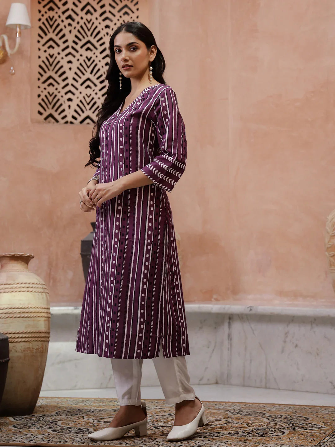 Purple Printed V-Neck Kurta for Women - SanskrutiHomes 