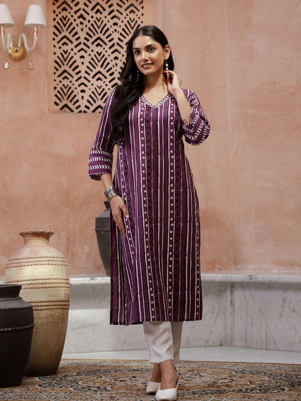 Purple Printed V-Neck Kurta for Women - SanskrutiHomes 