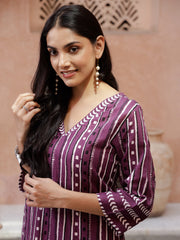 Purple Printed V-Neck Kurta For Women