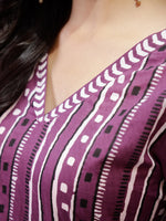 Purple Printed V-Neck Kurta for Women - SanskrutiHomes 