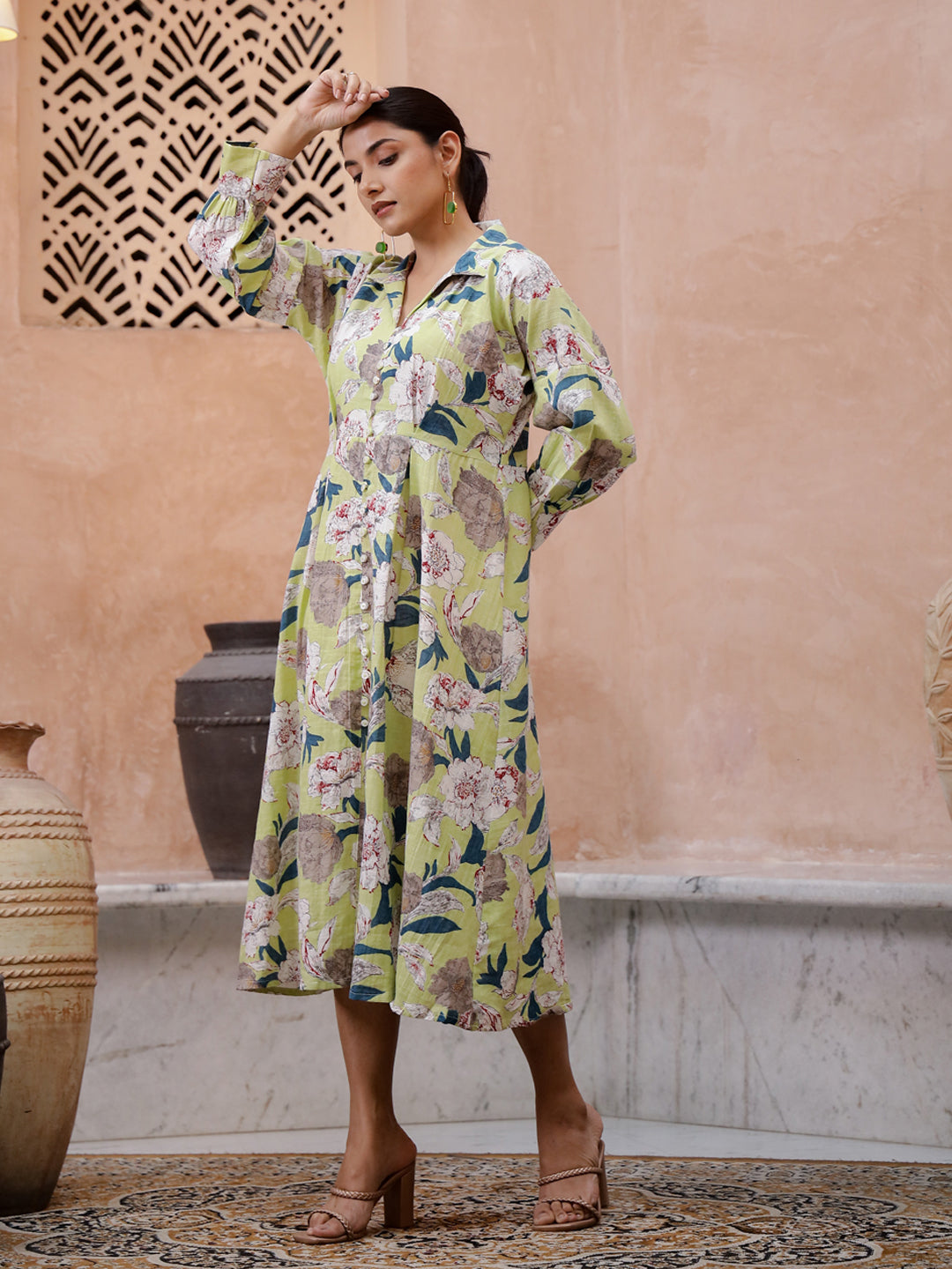 Floral Printed Cotton Ethnic Dress - SanskrutiHomes 