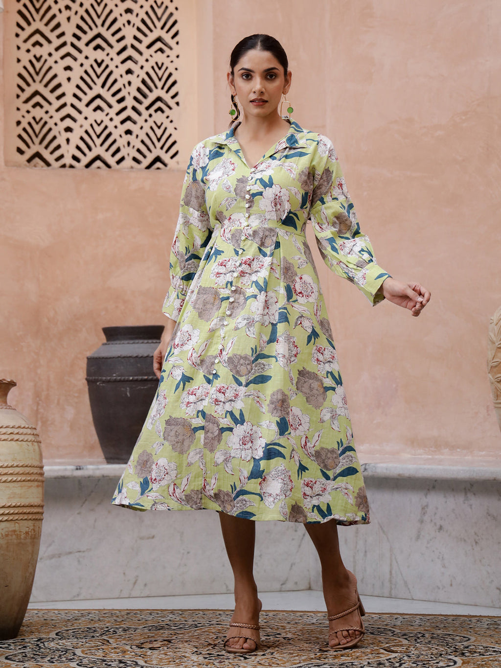 Floral Printed Cotton Ethnic Dress - SanskrutiHomes 