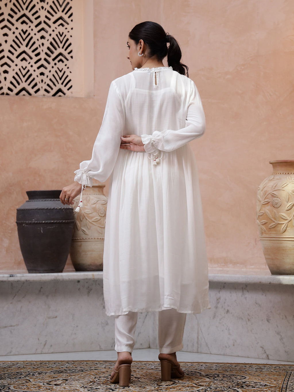 White Floral Embroidered Round Neck Kurta Set for Women - SanskrutiHomes 