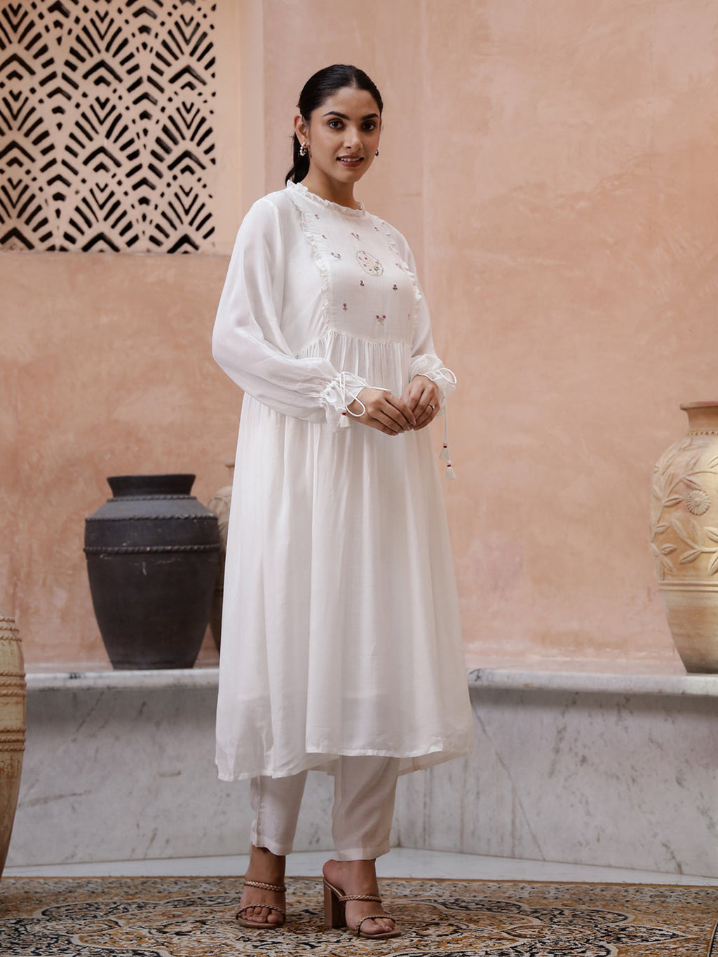 White Floral Embroidered Round Neck Kurta Set for Women - SanskrutiHomes 