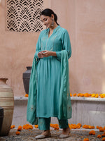 Green V-Neck Solid Print Kurta set - SanskrutiHomes 