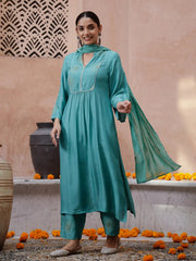 Green V-Neck Solid Print Kurta set - SanskrutiHomes 