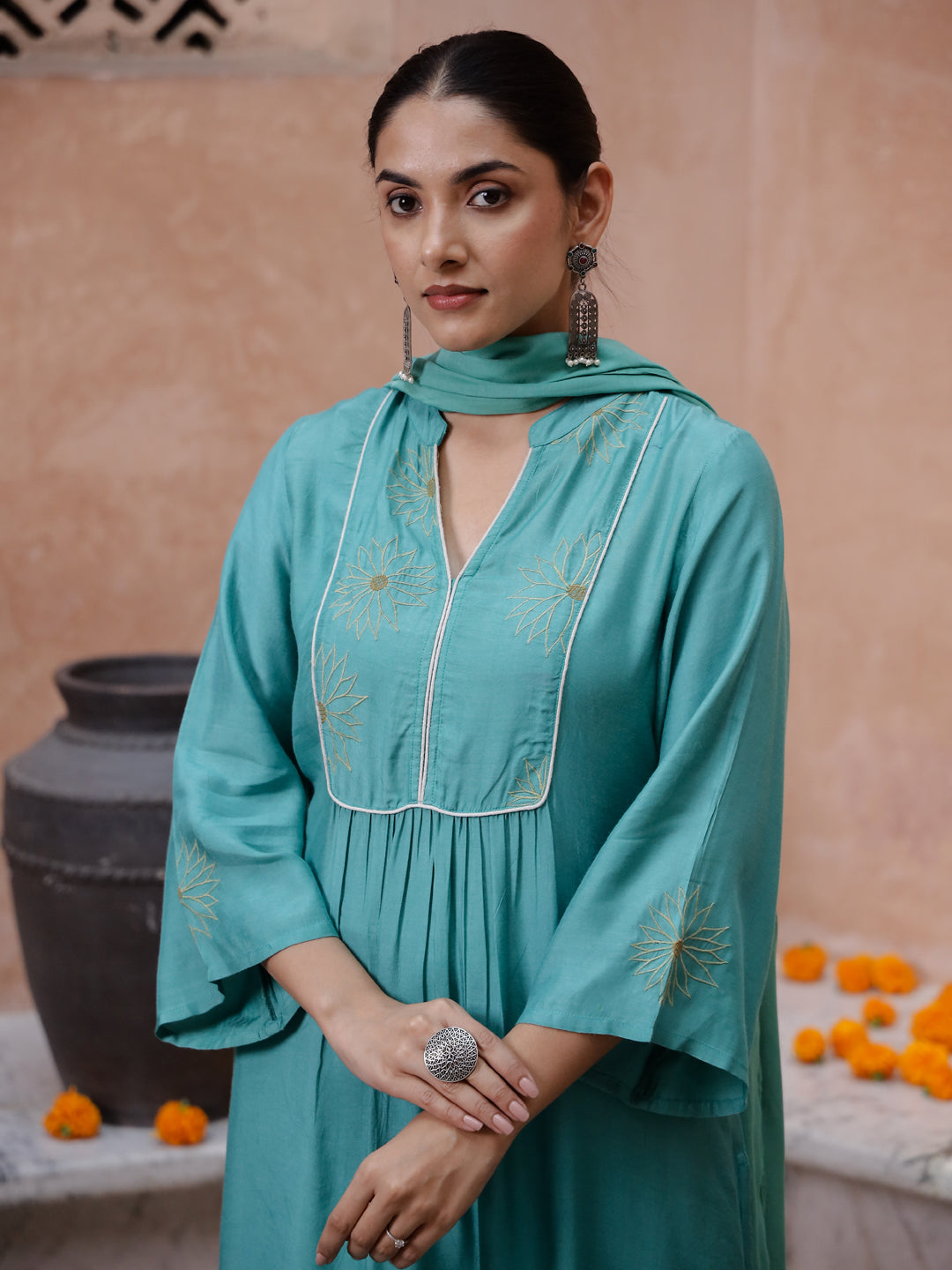 Green V-Neck Solid Print Kurta set - SanskrutiHomes 