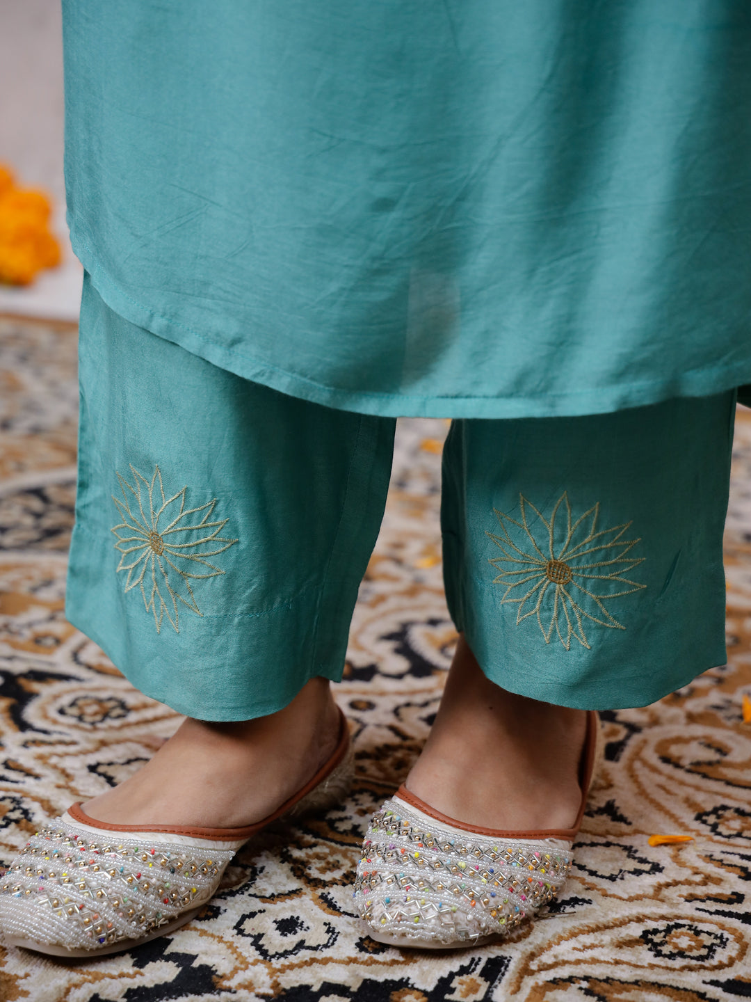 Green V-Neck Solid Print Kurta set - SanskrutiHomes 