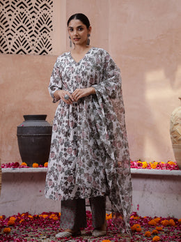 White V-Neck Floral Print Cotton Kurta Set For Women