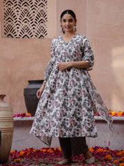 White V-Neck Floral Print Cotton Kurta Set For Women