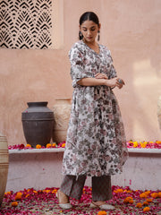 White V-Neck Floral Print Cotton Kurta Set For Women