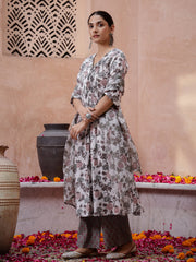 White V-Neck Floral Print Cotton Kurta Set For Women