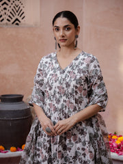White V-Neck Floral Print Cotton Kurta Set For Women