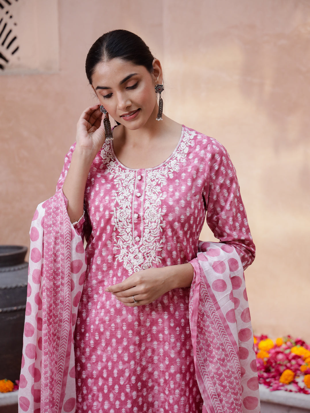 Pink Floral Printed Kurta Set with Dupatta - SanskrutiHomes 
