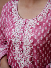 Pink Floral Printed Kurta Set With Dupatta