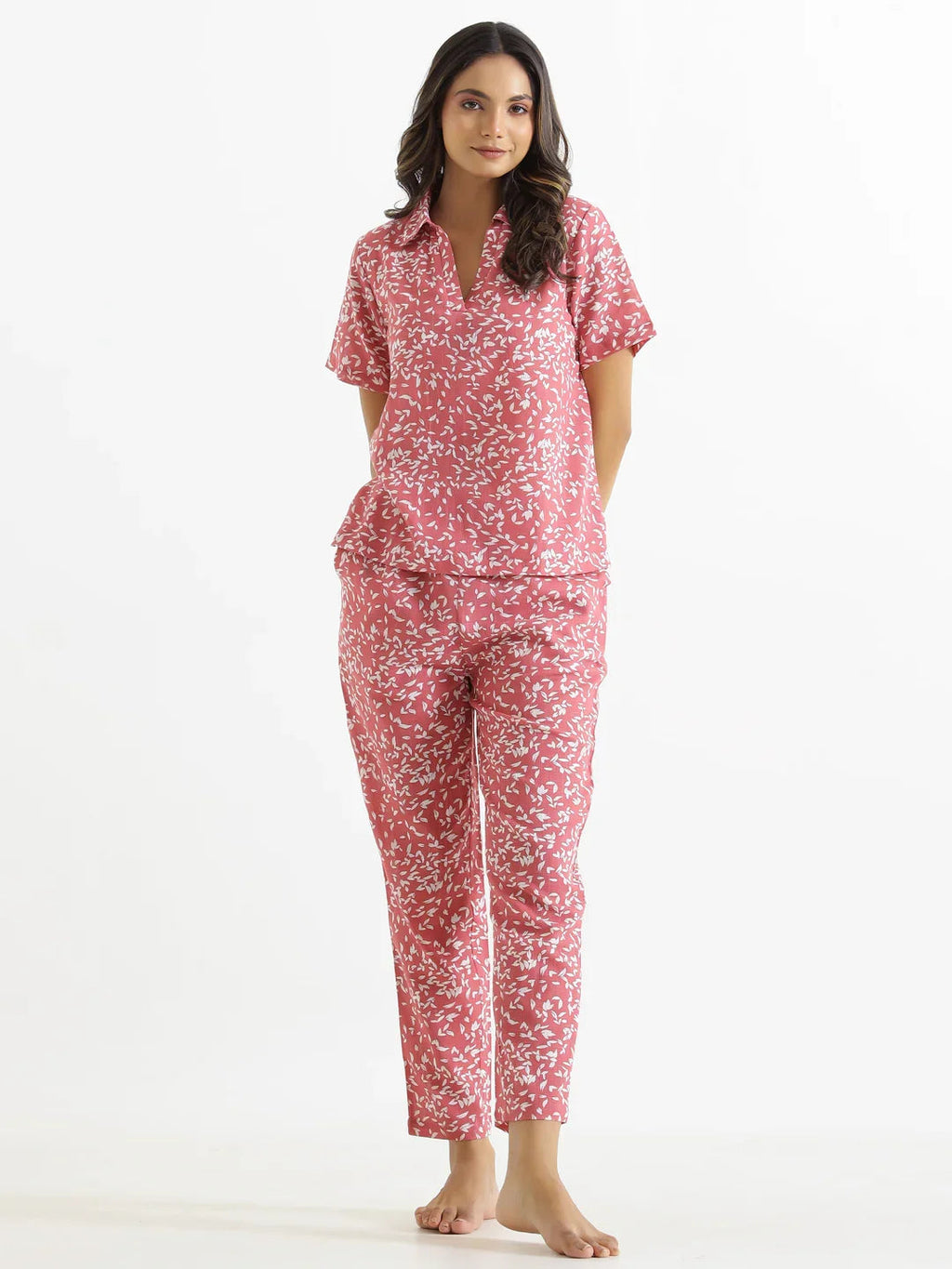 Pink Cotton Slub Night Suit - SanskrutiHomes 