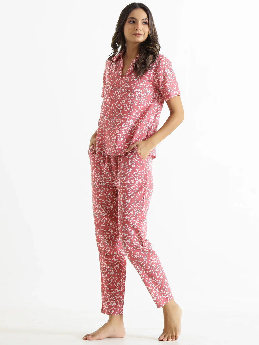 Pink Cotton Slub Night Suit - SanskrutiHomes 
