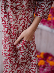 Red Floral Printed Cotton Kurta Set