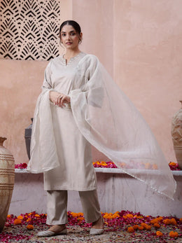 Beige Solid Velvet Kurta set with Dupatta - SanskrutiHomes 