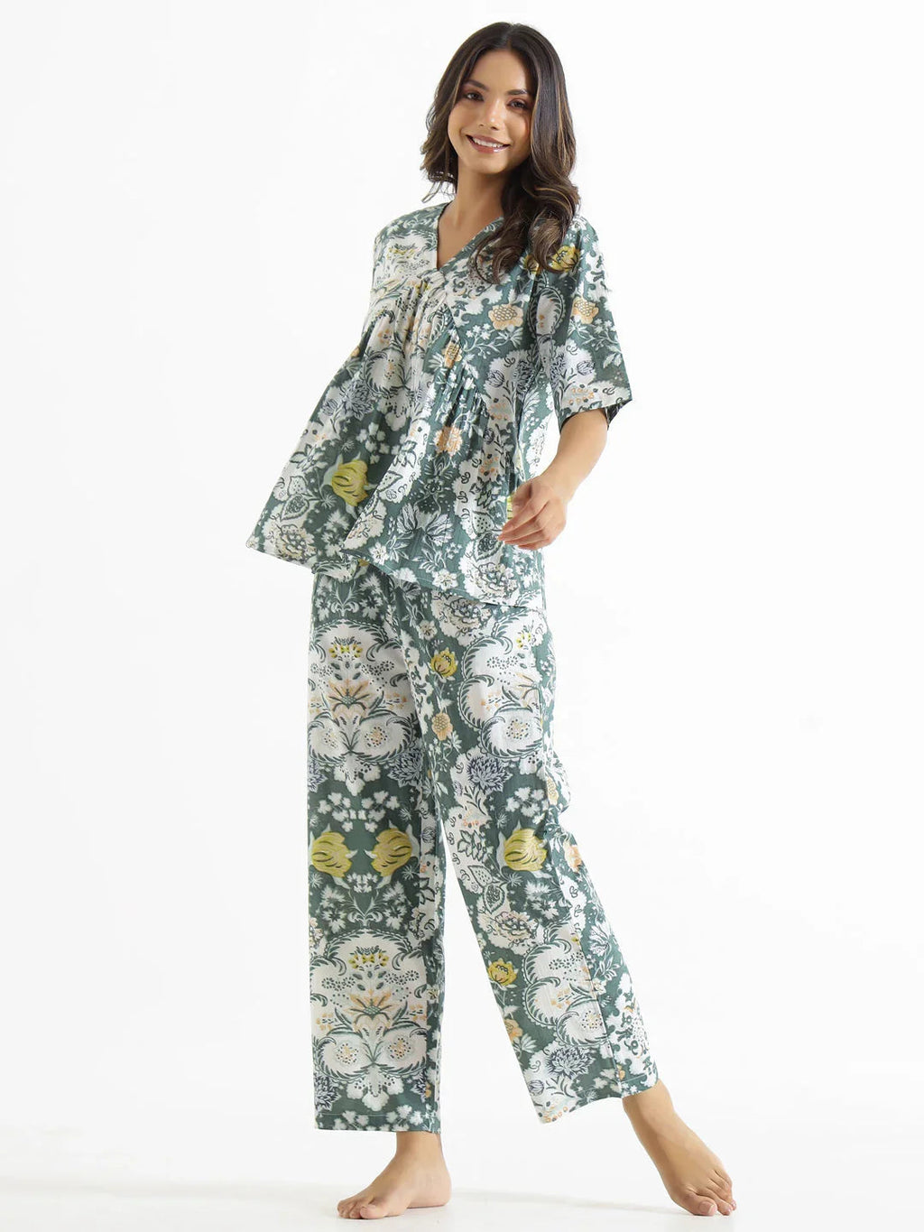 Cadet Green Cotton Loungewear Set - SanskrutiHomes 