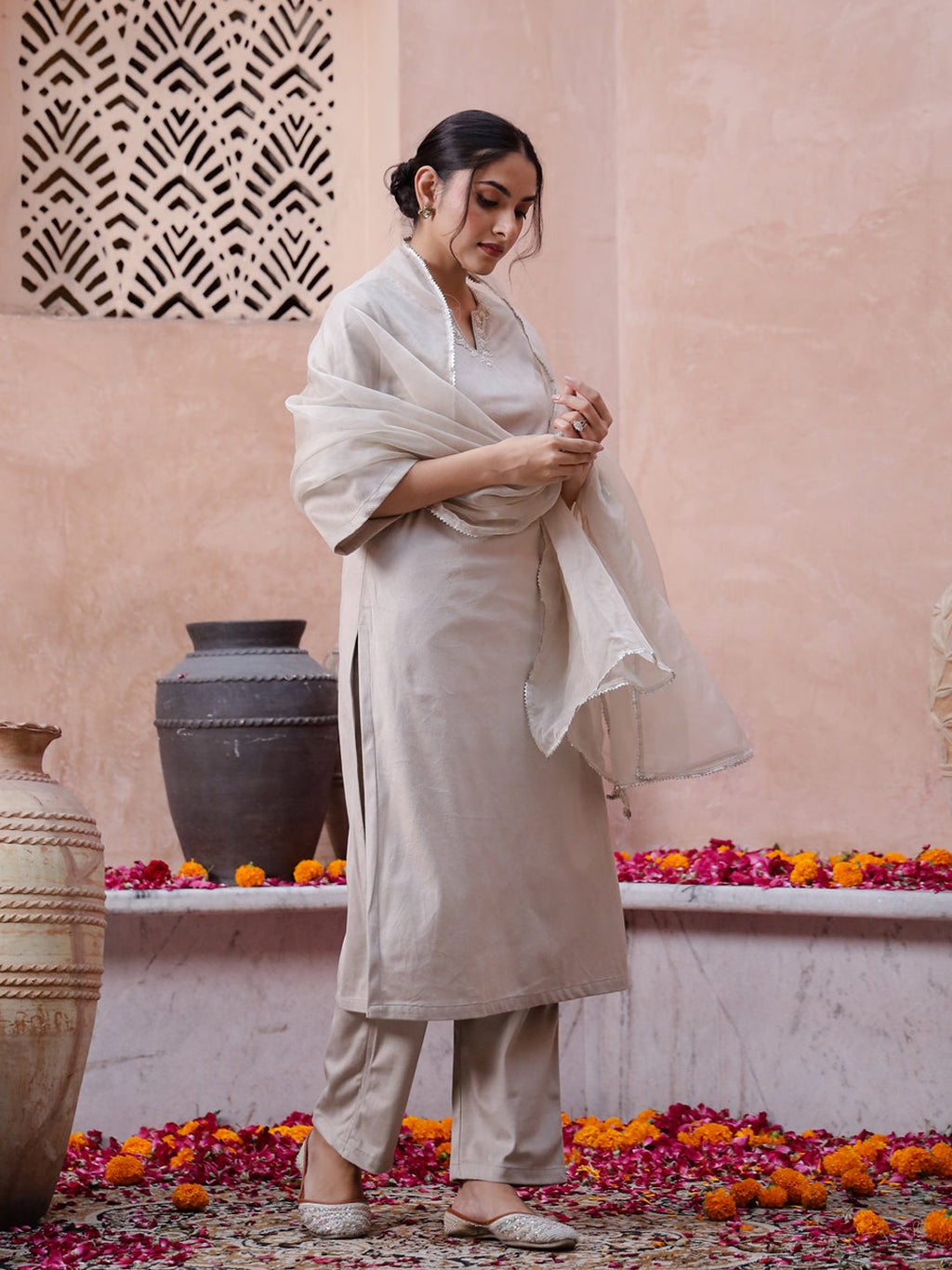 Beige Solid Velvet Kurta set with Dupatta - SanskrutiHomes 