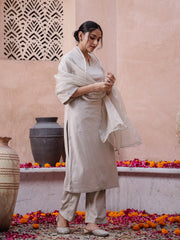 Beige Solid Velvet Kurta Set With Dupatta