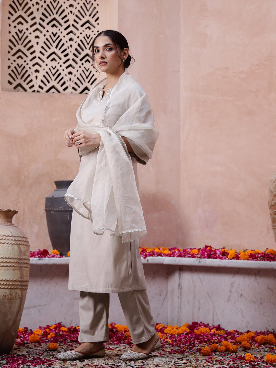 Beige Solid Velvet Kurta set with Dupatta - SanskrutiHomes 