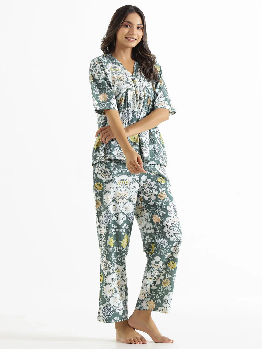 Cadet Green Cotton Loungewear Set - SanskrutiHomes 