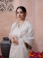 Beige Solid Velvet Kurta set with Dupatta - SanskrutiHomes 