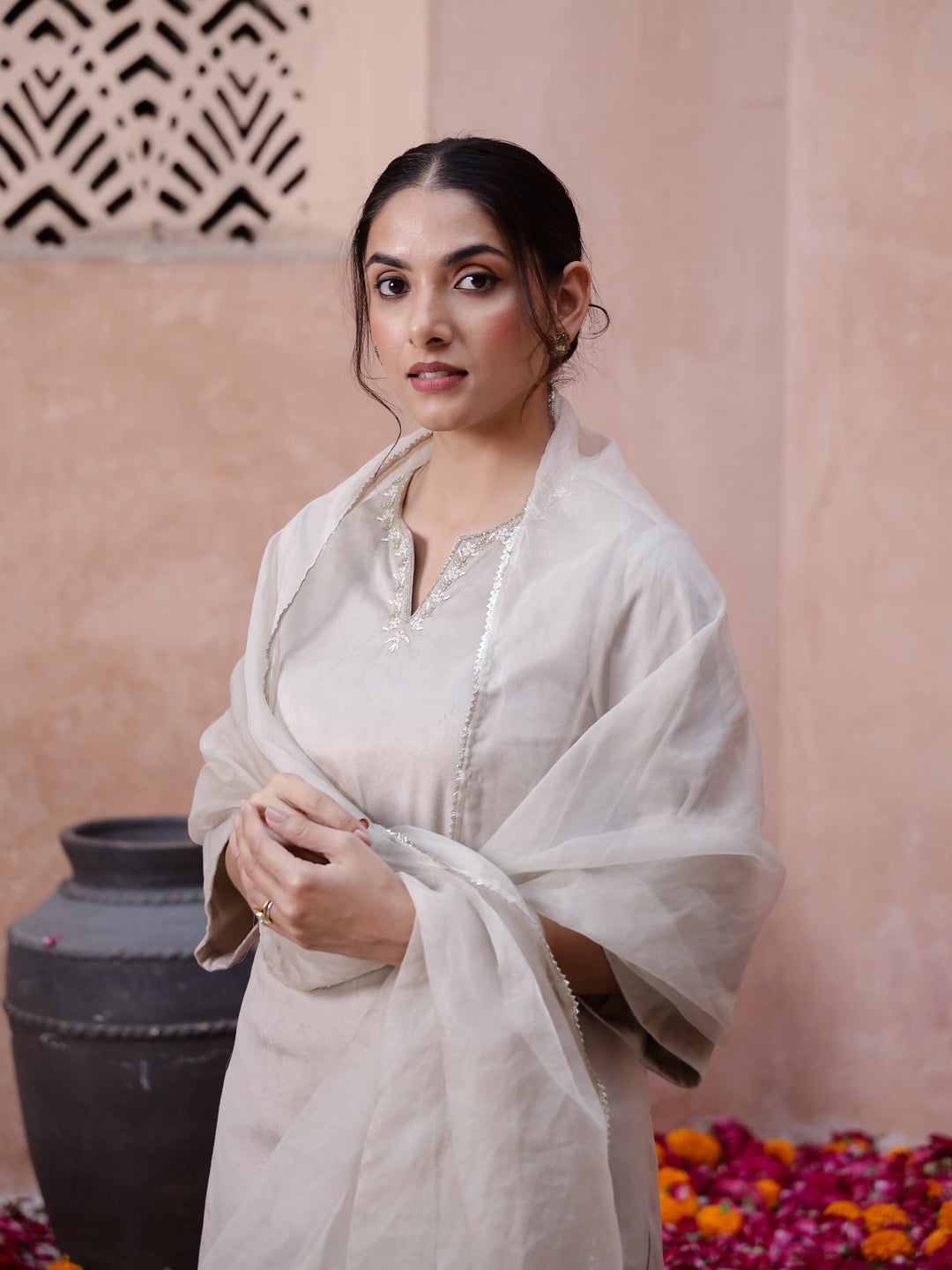 Beige Solid Velvet Kurta set with Dupatta - SanskrutiHomes 