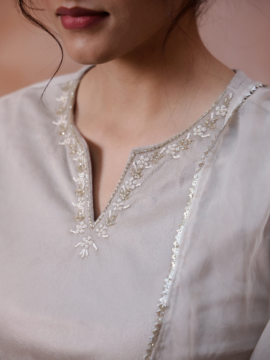 Beige Solid Velvet Kurta set with Dupatta - SanskrutiHomes 