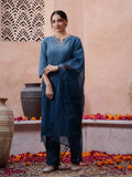 Blue Solid Velvet Kurta set with Dupatta - SanskrutiHomes 