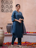 Blue Solid Velvet Kurta set with Dupatta - SanskrutiHomes 