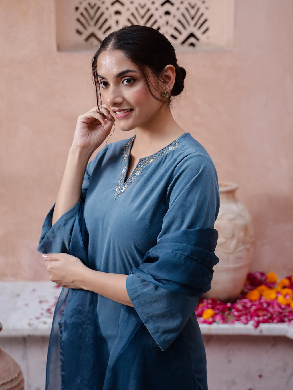 Blue Solid Velvet Kurta set with Dupatta - SanskrutiHomes 