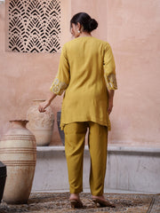 Yellow Round Neck Solid Print Co-Ord Set For Women