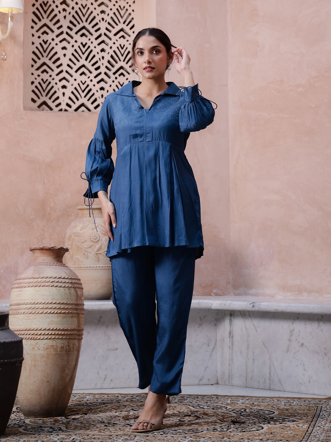 Blue Solid Printed Co-Ords Set For Women