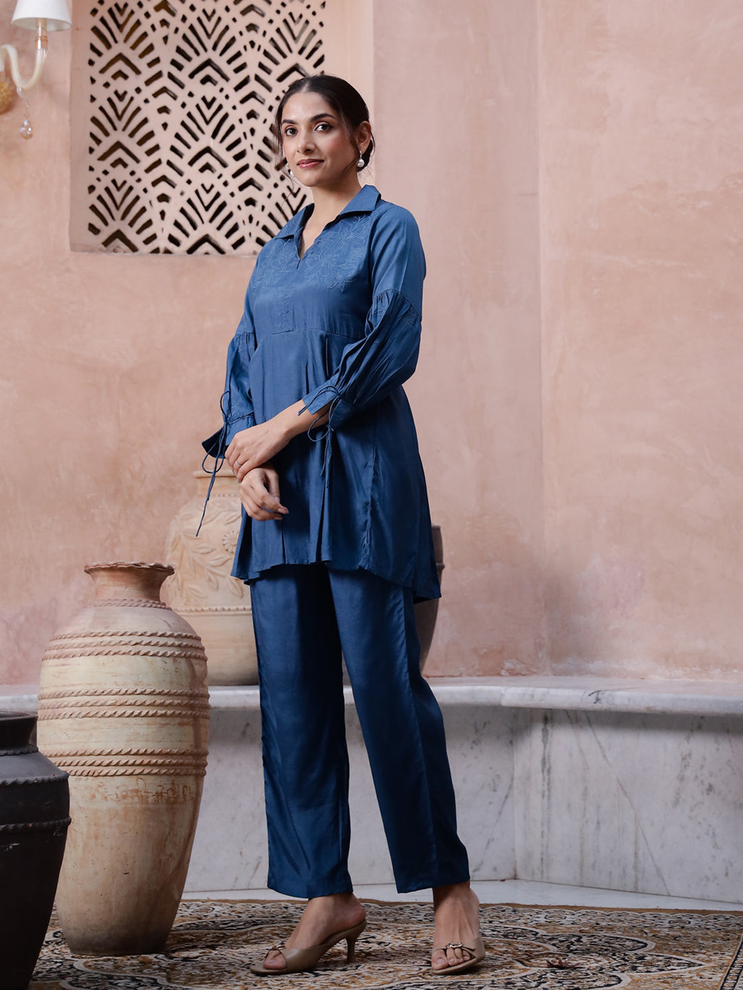 Blue Solid Printed Co-ords Set for Women - SanskrutiHomes 