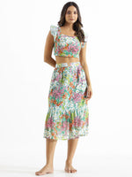 White & Green Printed Square Neck Pure Cotton Top & Skirt - SanskrutiHomes 