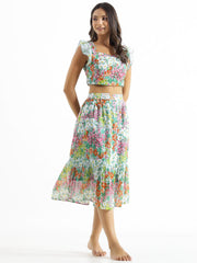 White & Green Printed Square Neck Pure Cotton Top & Skirt - SanskrutiHomes 