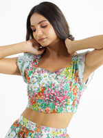 White & Green Printed Square Neck Pure Cotton Top & Skirt - SanskrutiHomes 