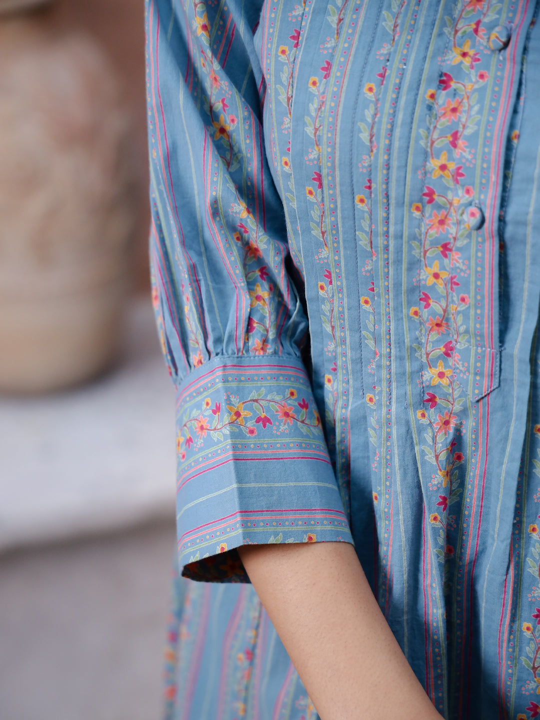 Blue Floral Printed Round Neck Kurta Set - SanskrutiHomes 