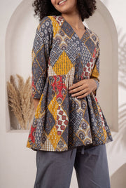 Grey V-Neck Geometric Print Pure Cotton Night Suit For Women
