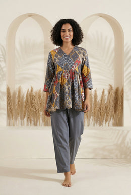 Grey V-Neck Geometric Print Pure Cotton Night Suit For Women