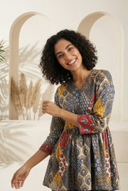 Grey V-Neck Geometric Print Pure Cotton Night Suit For Women