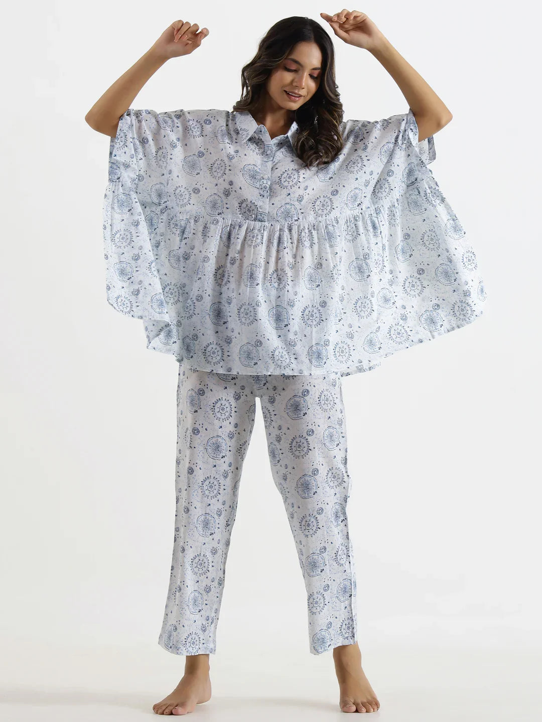 White warli Cotton Night Suit - SanskrutiHomes 