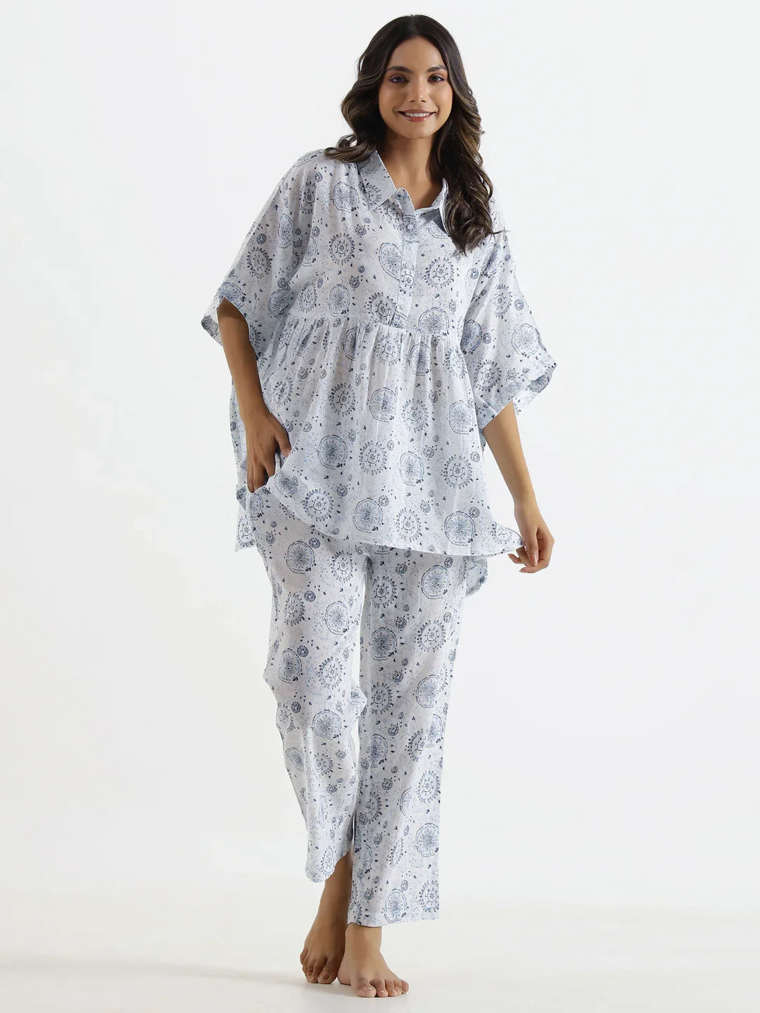 White warli Cotton Night Suit - SanskrutiHomes 