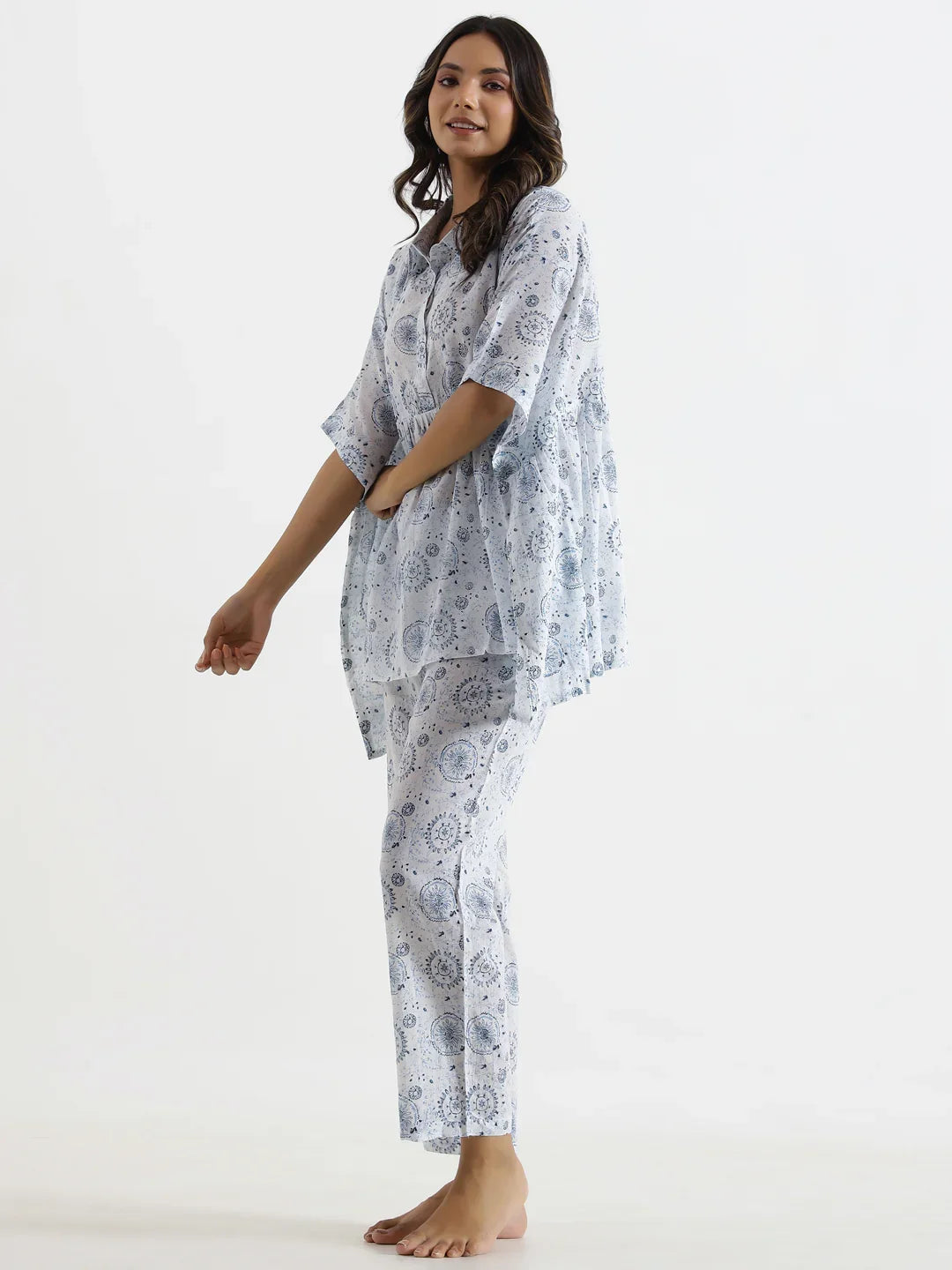 White warli Cotton Night Suit - SanskrutiHomes 