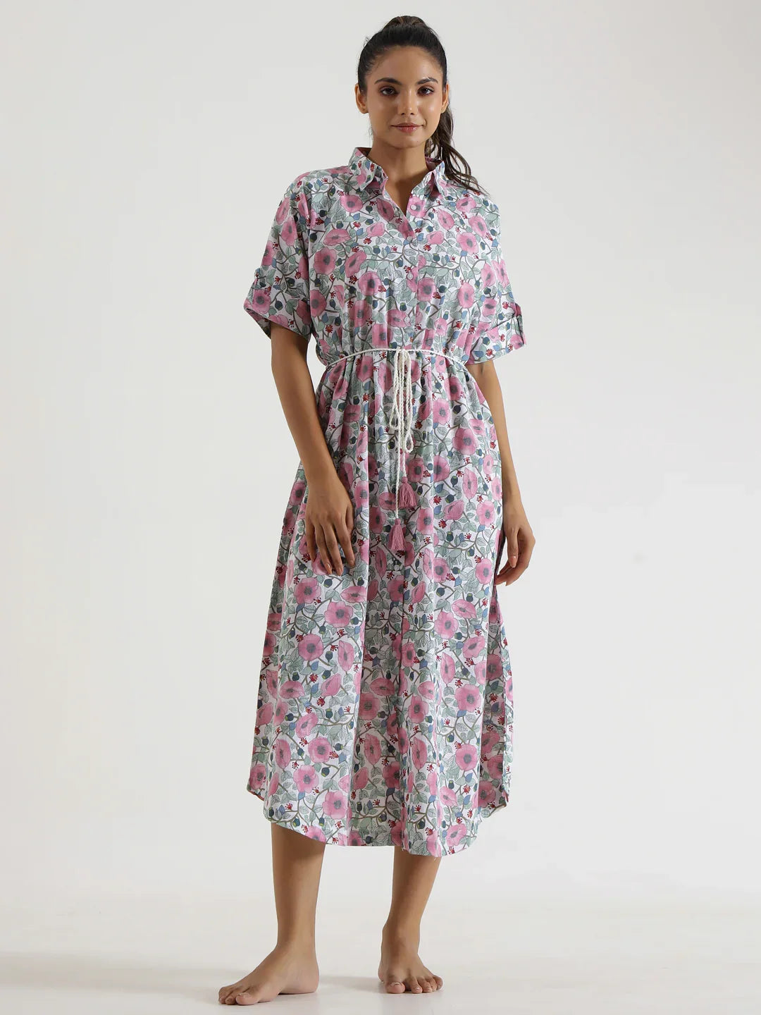 MIDI FLORAL Cotton NIGHT Dress - SanskrutiHomes 